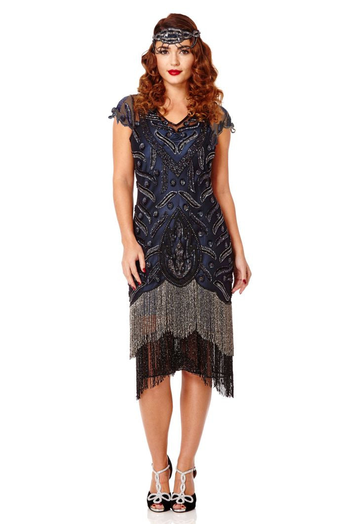 Vegas Fringe Dress in Black Navy