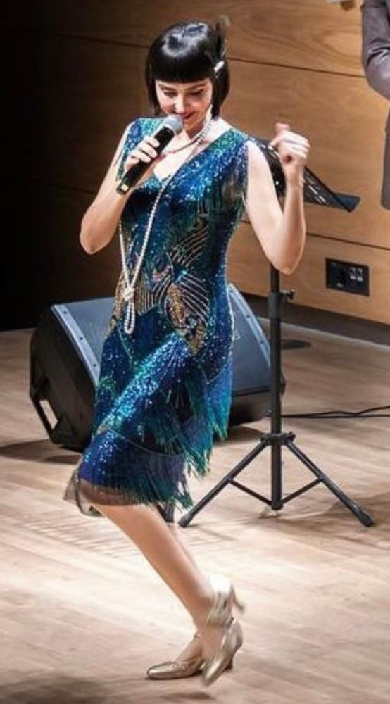 Rita beaded fringe peacock flapper dress in navy
