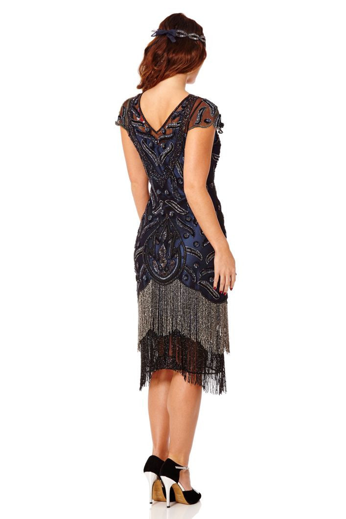 Vegas Fringe Dress in Black Navy