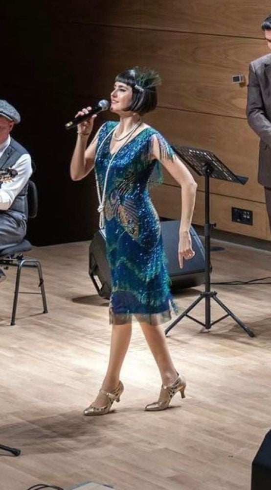 Rita sukienka flapper z koralikami i frędzlami paw w kolorze granatowym