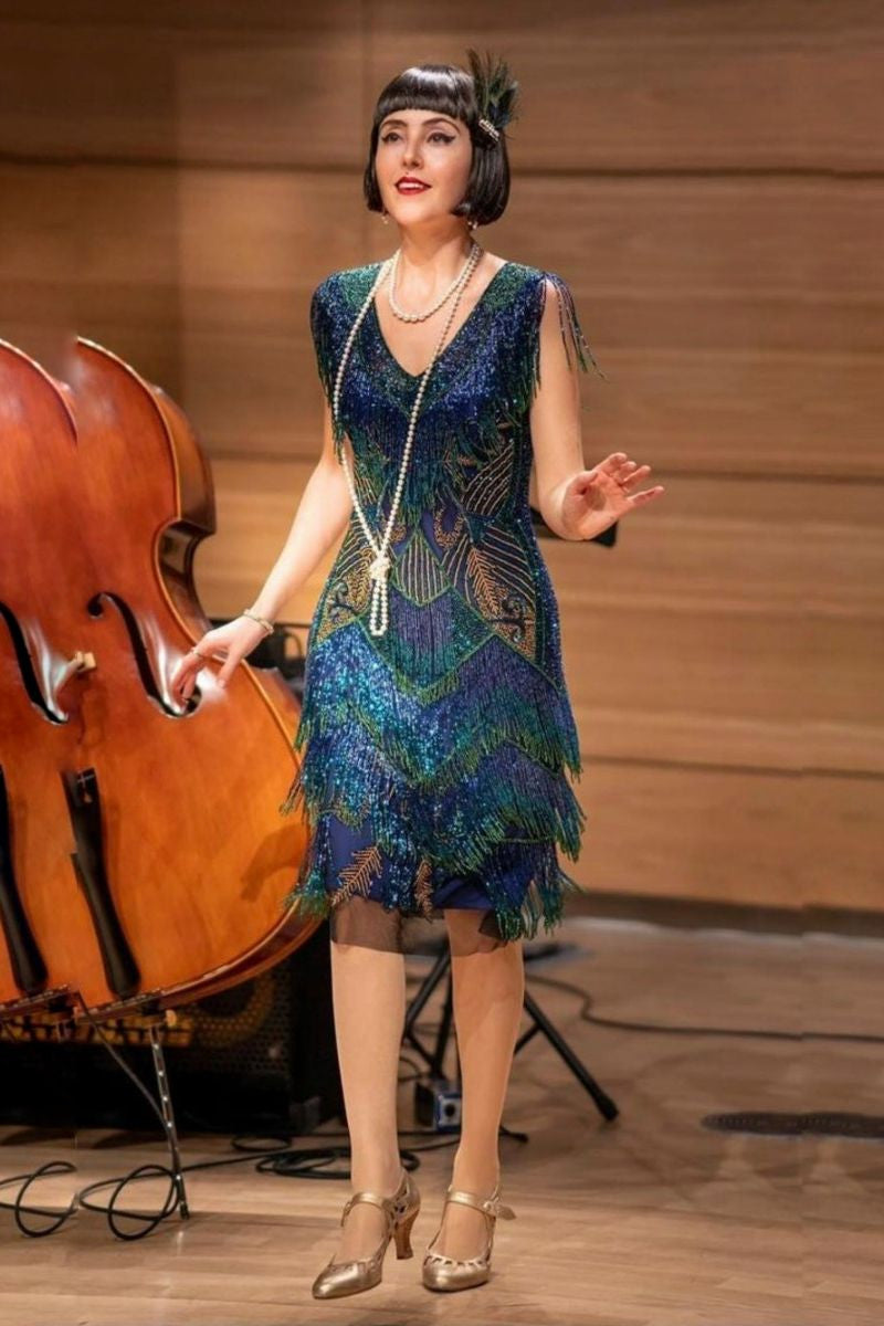 Rita beaded fringe peacock flapper dress in navy