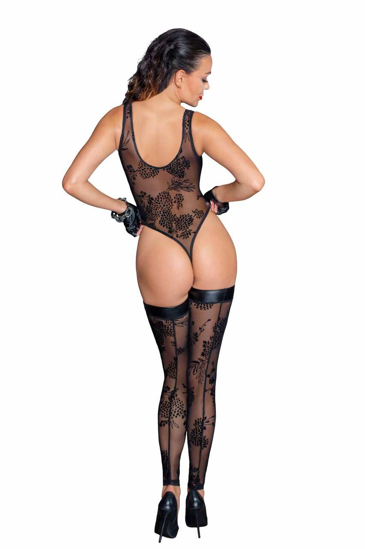 Noir Handmade -F242- Tulle body with flock embroidery pattern