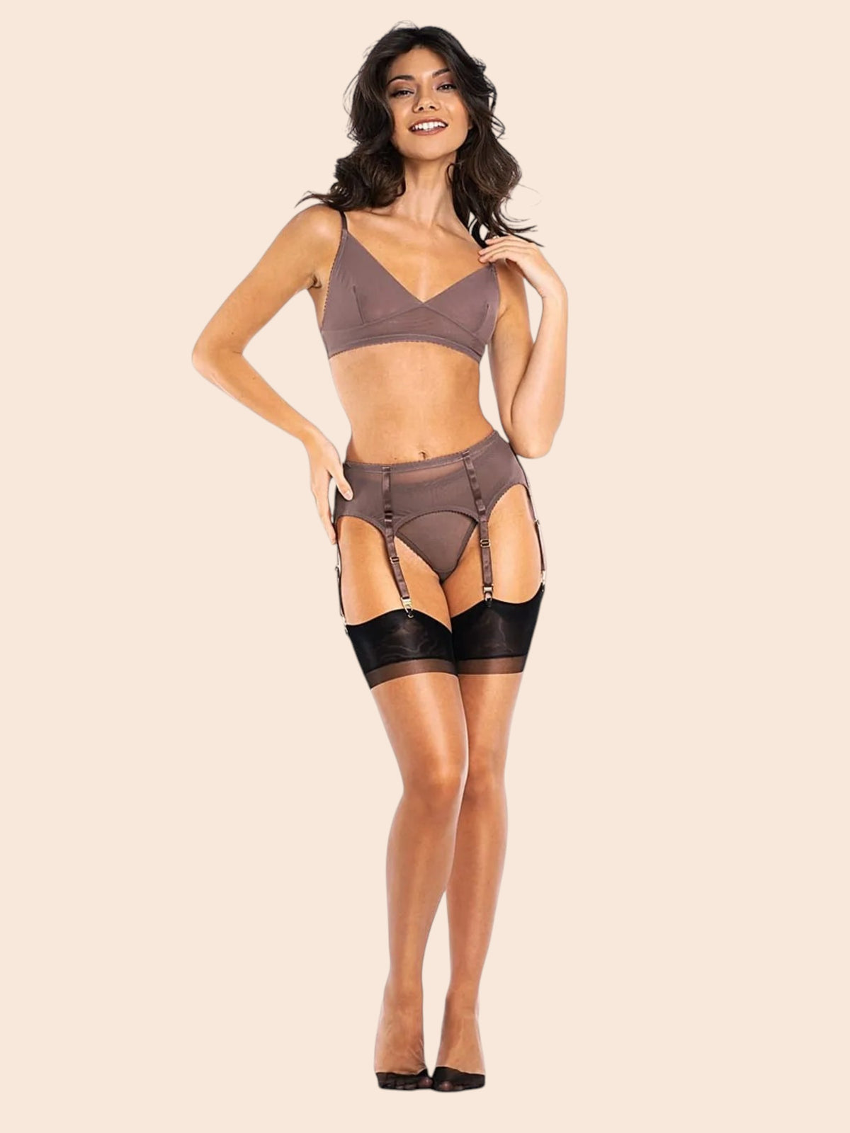 Serata Full Contrast nylon kousen met versterkte hiel en teen – Mokka